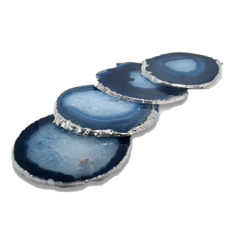 Set of 4 Blue Agate Stone Coasters with Gold Edges