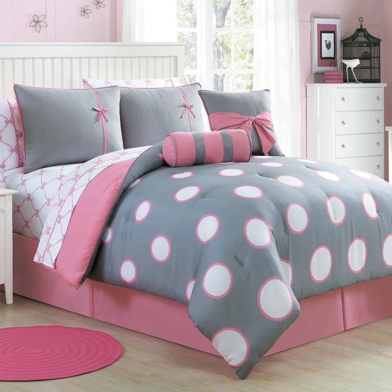 Full Grey and Pink Microfiber Polka Dot Bed in a Bag Set