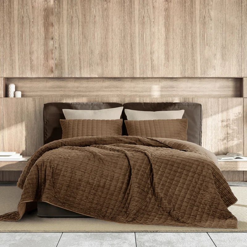 Cocoa Brown Queen Velvet Quilt Set with Pillow Shams