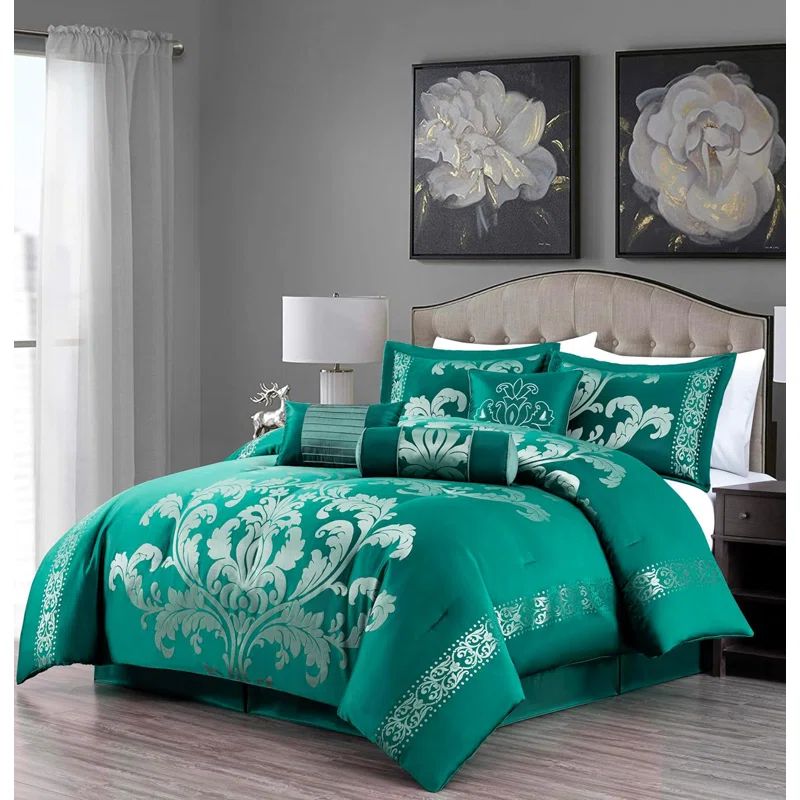 Queen Green and Silver Jacquard Floral Comforter Set