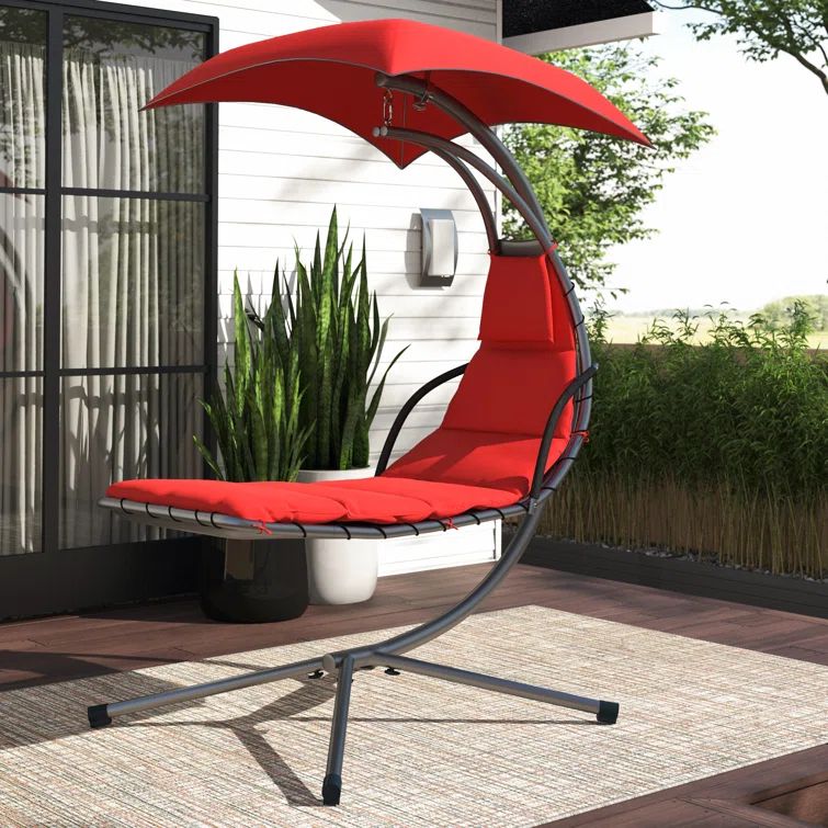 Red Steel Outdoor Hanging Chaise Lounge Chair with Canopy