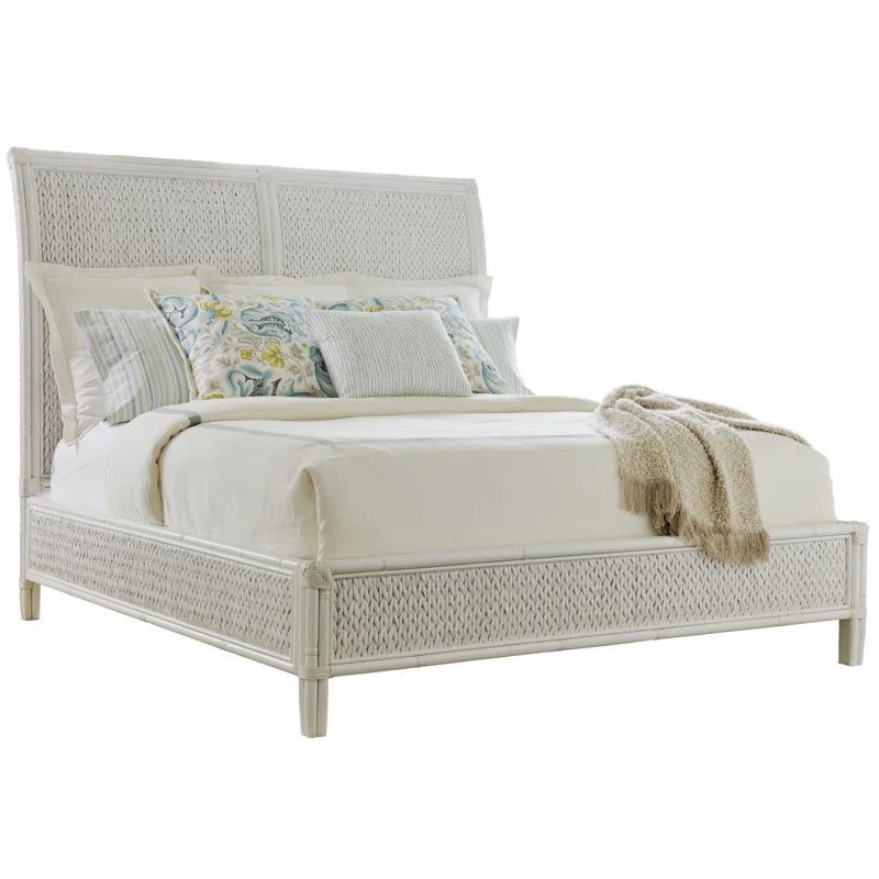 Creamy White Transitional King Sleigh Bed with Woven Rattan Details