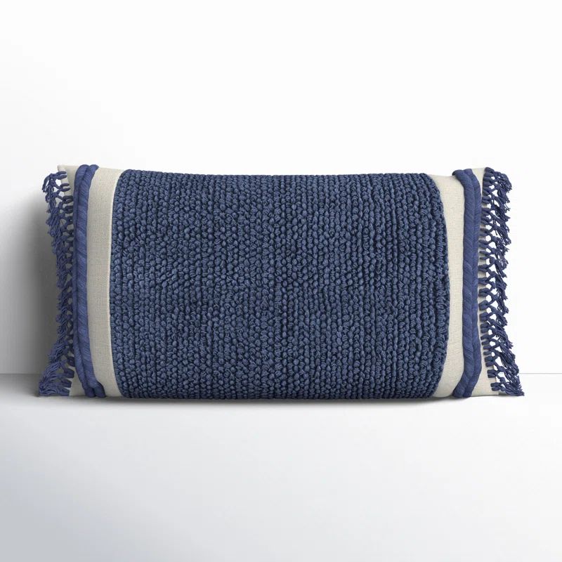 Blue Woven Cotton Rectangular Throw Pillow with Macrame Fringe