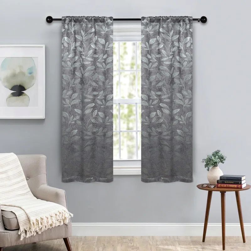 Nickel Black Polyester Blackout Curtains with Leaf Pattern, 36" x 63"