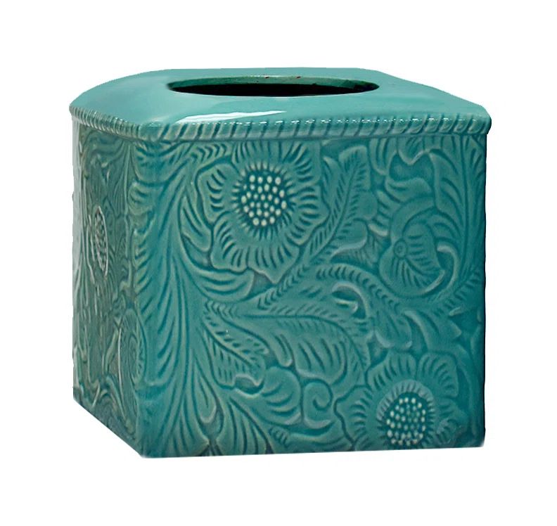 Turquoise Ceramic Embossed Floral Tissue Box Cover