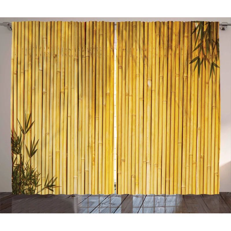 Yellow Bamboo Print Sheer Polyester Rod Pocket Curtains, 54" x 90"