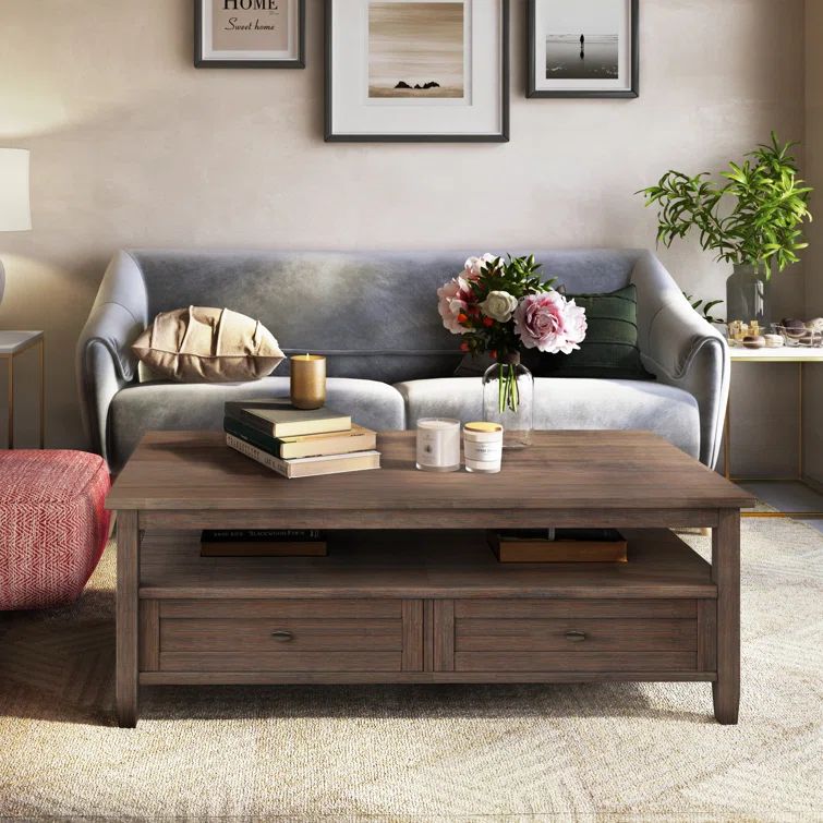Farmhouse Brown Solid Wood Rectangular Coffee Table with Storage