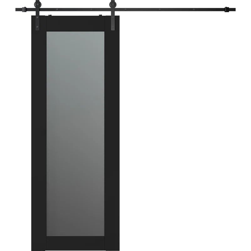Black Frosted Glass Paneled Barn Door Kit with Installation Hardware