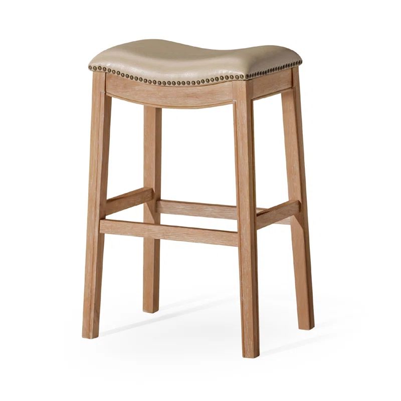 Weathered Oak Backless Saddle Barstool with Vegan Leather Seat