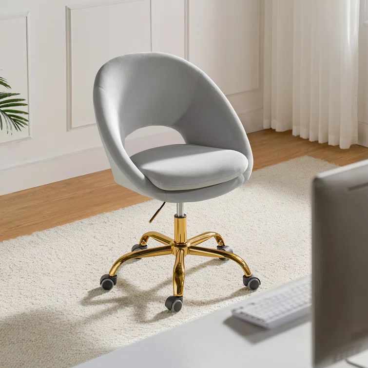 Gray Velvet Swivel Task Chair with Gold Metal Base