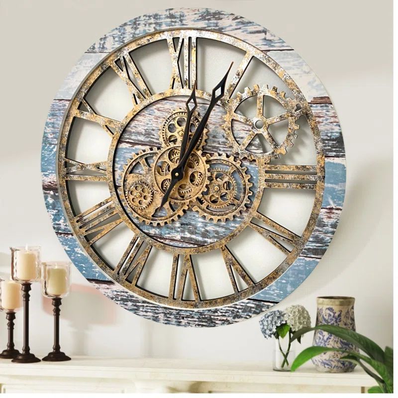 24" Aqua Green and Bronze Industrial Wall Clock with Moving Gears