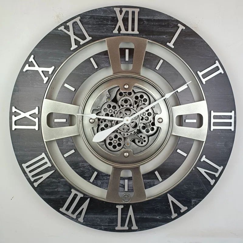 Oversized Vintage Black Wall Clock with Real Moving Gears