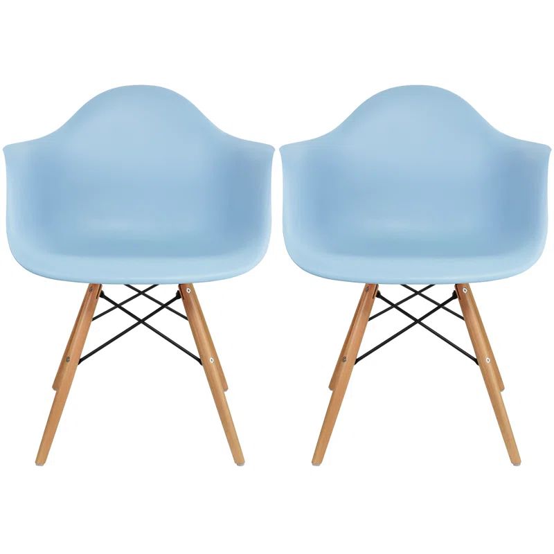Set of 2 Blue Molded Plastic Armchairs with Natural Wood Legs