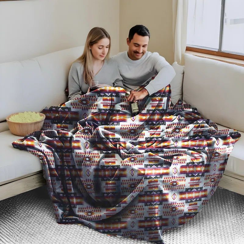 White Geometric Sherpa Fleece Full Size Reversible Throw Blanket