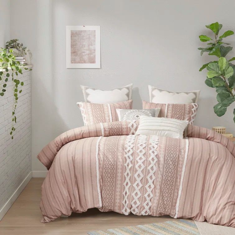 Blush Cotton Geometric Full/Queen Duvet Cover Set with Shams