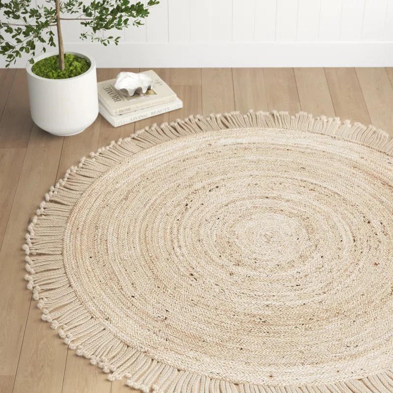 Beige Cotton Braided Round 3' Rug with Fringe