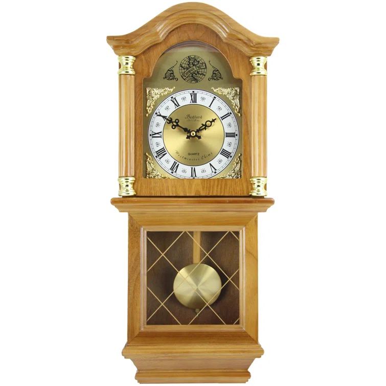 Golden Oak 26" Chiming Wall Clock with Swinging Pendulum