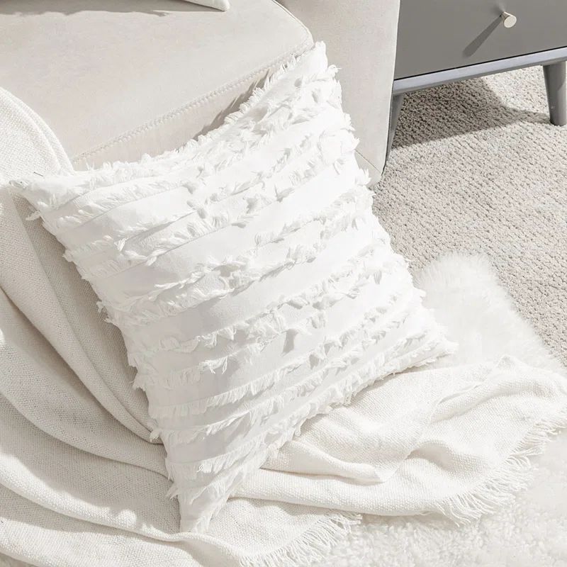White Cotton and Polyester Euro Pillow Cover with Tassels, 16"x16"
