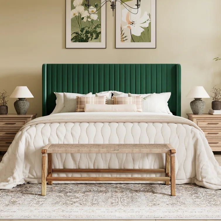 Elegant Velvet Queen Bed with Tufted Wingback Headboard and Metal Frame