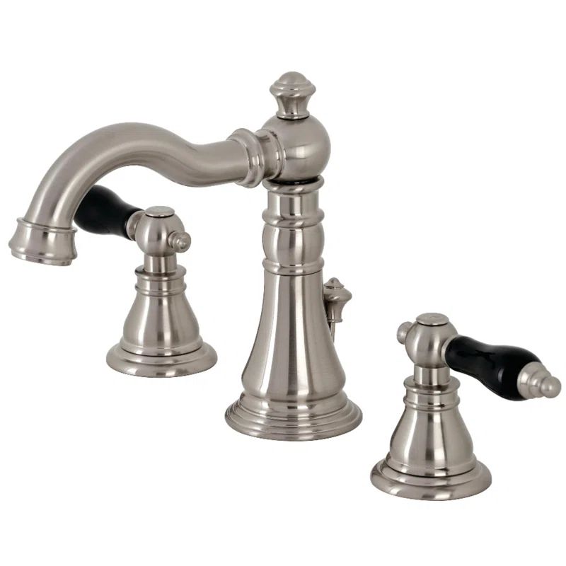 Duchess Brushed Nickel Widespread Bathroom Faucet with Black Porcelain Handles