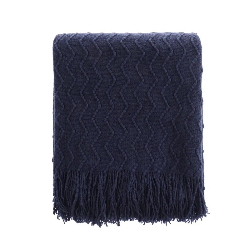 Navy Blue Knitted Wool Throw Blanket with Tassel Fringes, 50"x60"