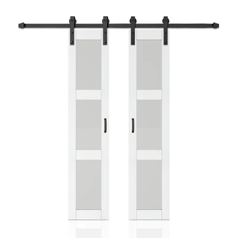 White Frosted Glass Double Sliding Barn Door Kit with Matte Black Hardware