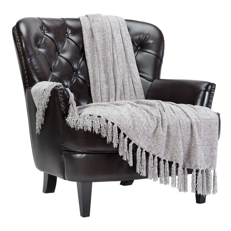 Taupe Textured Knit Acrylic Polyester Throw Blanket with Tassels - 50" x 65"
