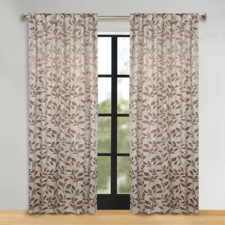 Espresso Polyester Blackout Leaves Back Tab Curtains, 52" x 63"