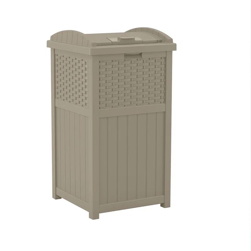 Dark Taupe Wicker-Style Plastic Outdoor Trash Can with Lid