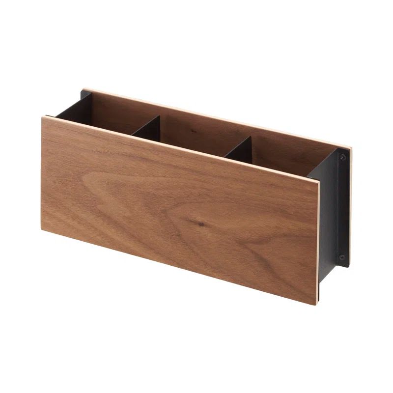 Small Brown Steel and Wood Desk Organizer