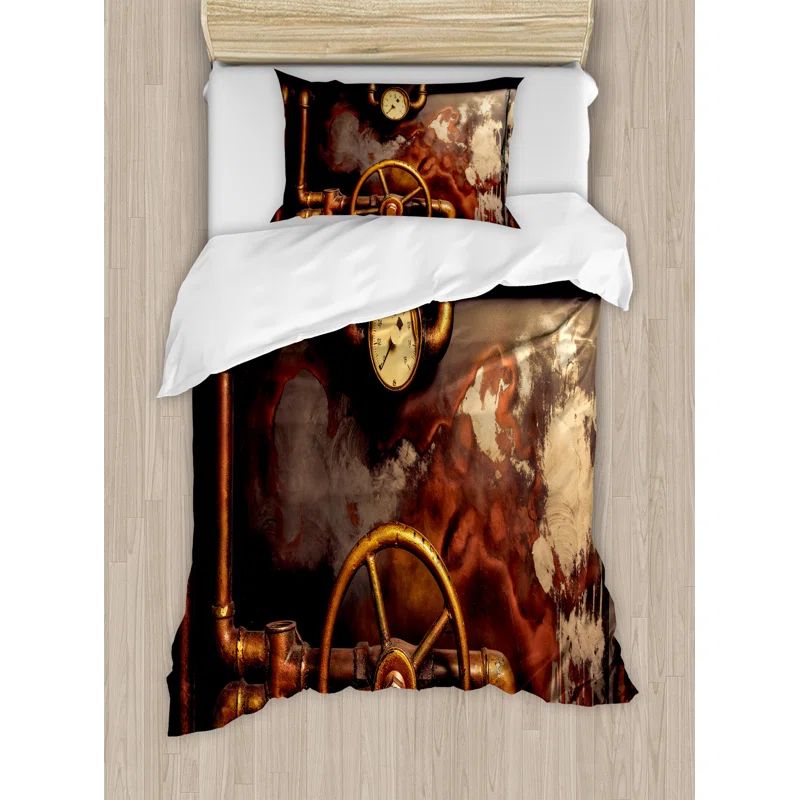 Twin Bronze and Dark Orange Industrial Duvet Cover Set