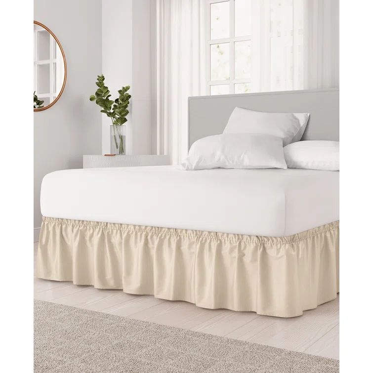 Cream Polyester Queen Size Ruffled Bed Skirt with Elastic Wrap