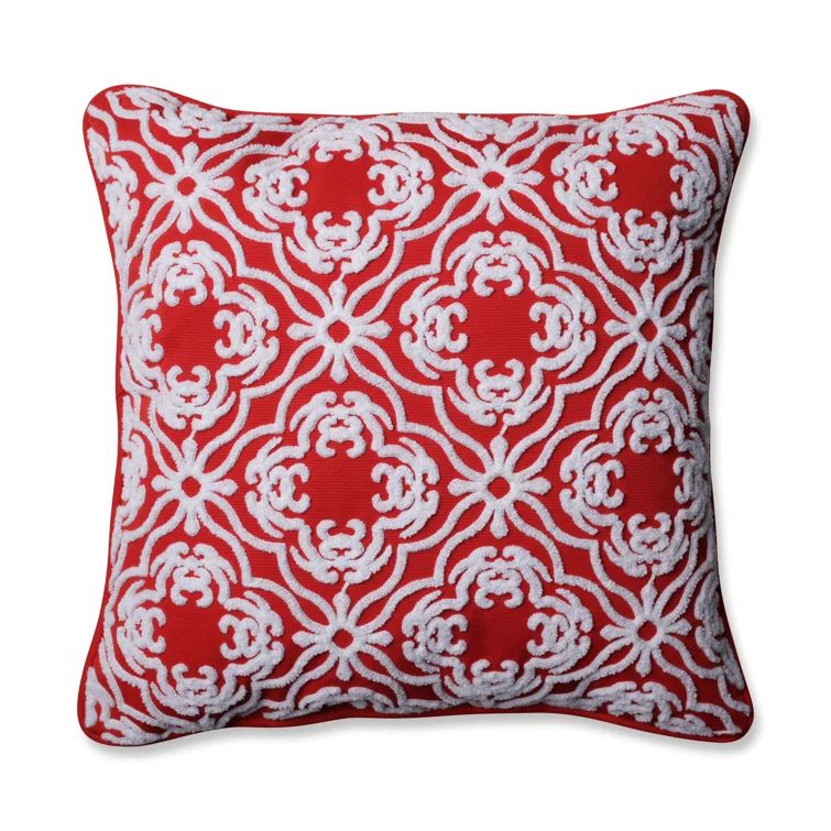 Red and White Embroidered Square Throw Pillow