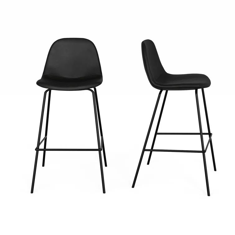 Midnight Black Faux Leather Counter Stools with Metal Legs, Set of 2