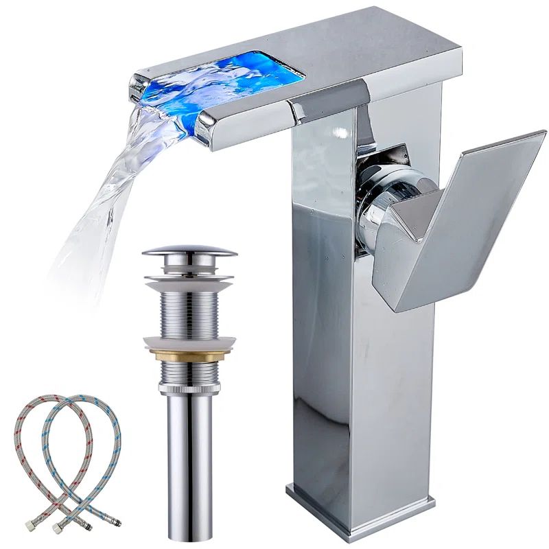 Chrome LED Waterfall Bathroom Vessel Sink Faucet with Pop-Up Drain