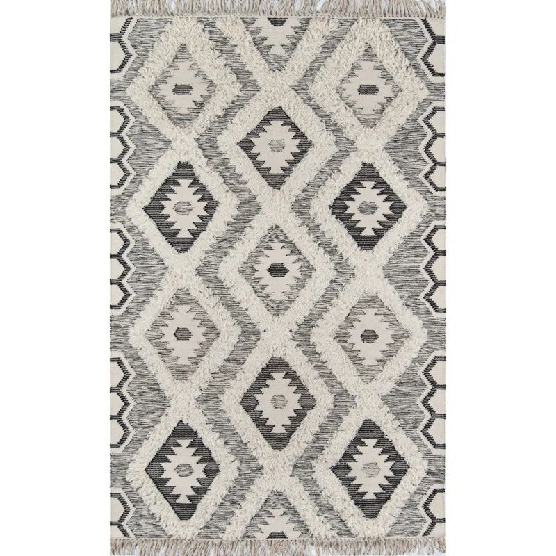 Handmade Blue Geometric Wool 5' x 7' Rectangular Rug