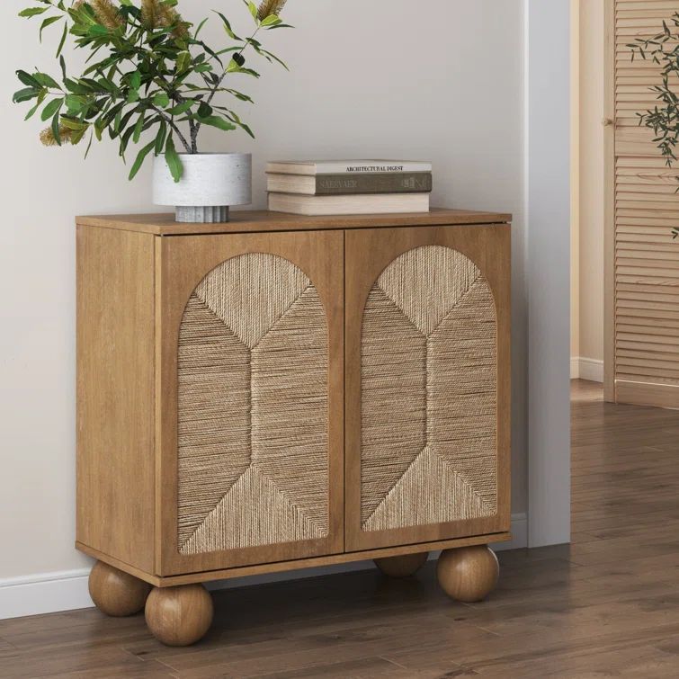 Leah Light Brown Boho Storage Cabinet with Seagrass Doors