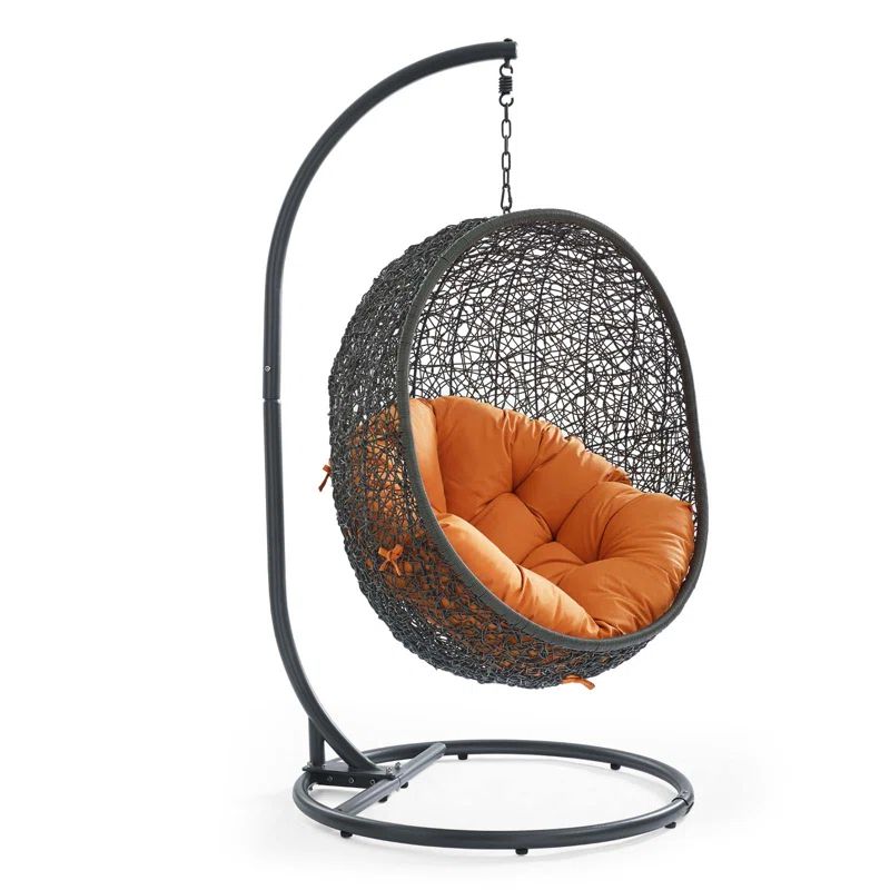 Gray and Orange Synthetic Rattan Hanging Chair with Steel Stand
