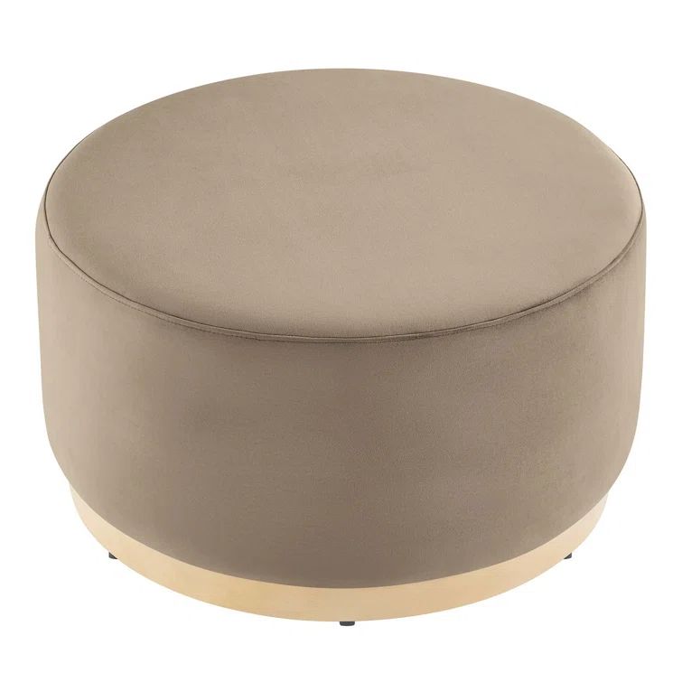 Taupe Velvet Round Ottoman with Rubberwood Base