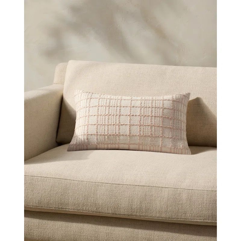 Beige Cotton Windowpane Check Lumbar Pillow 13'' x 21''