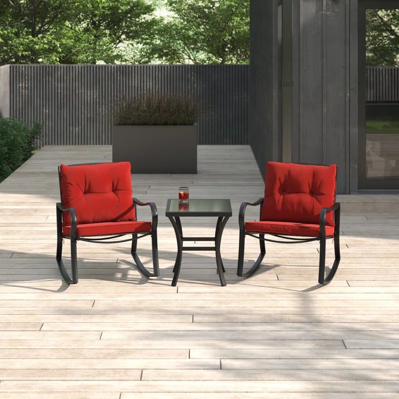 Burgundy Cushioned Metal Outdoor Rocking Chair Set with Glass Table