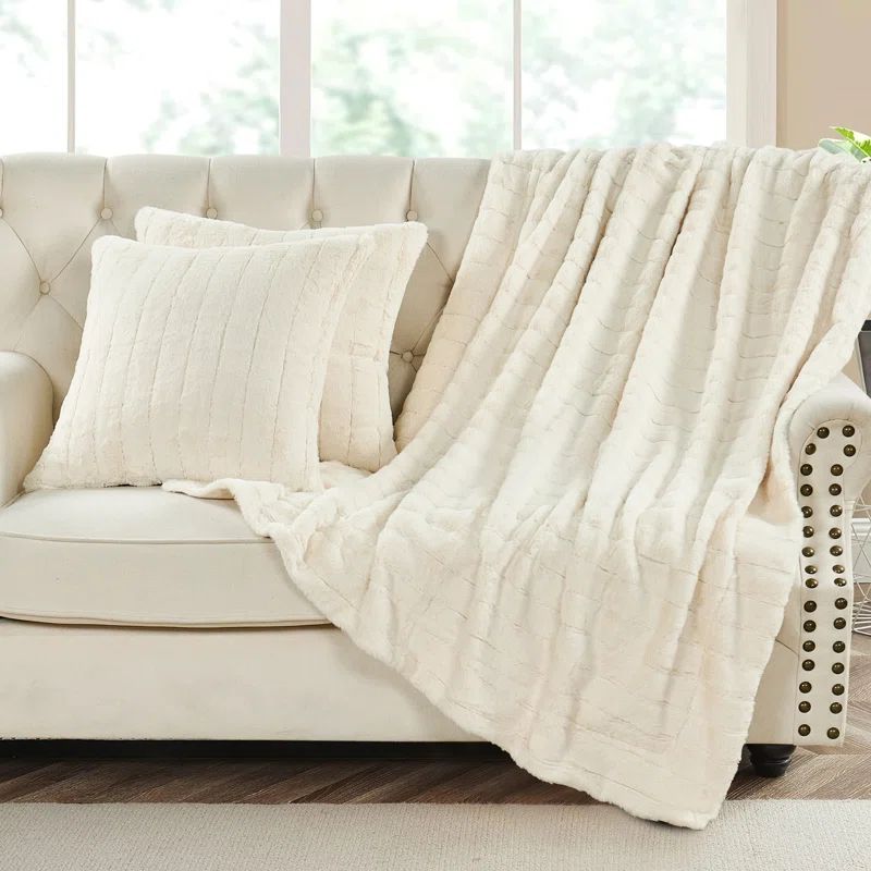 Antique White Faux Fur Throw Blanket and Pillow Set