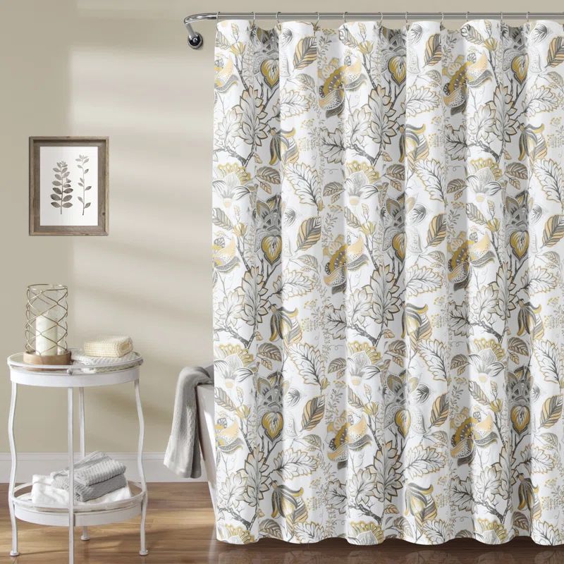 Elegant Yellow and Gray Floral Fabric Shower Curtain, 72" x 72"