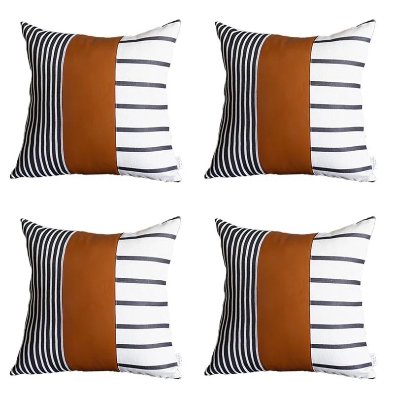 Brown and Ivory Faux Leather Striped Throw Pillow Covers, 17" x 17", Set of 4