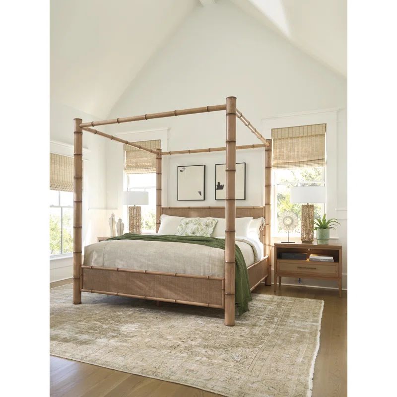King Brown Wood Frame Canopy Bed with Upholstered Headboard