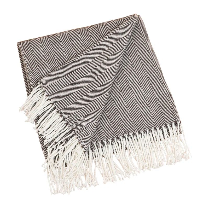 Gray Acrylic Herringbone Throw Blanket with Fringe