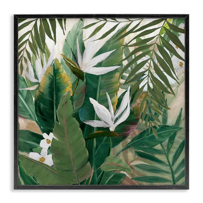 Tropical Birds of Paradise Green and White Canvas Print