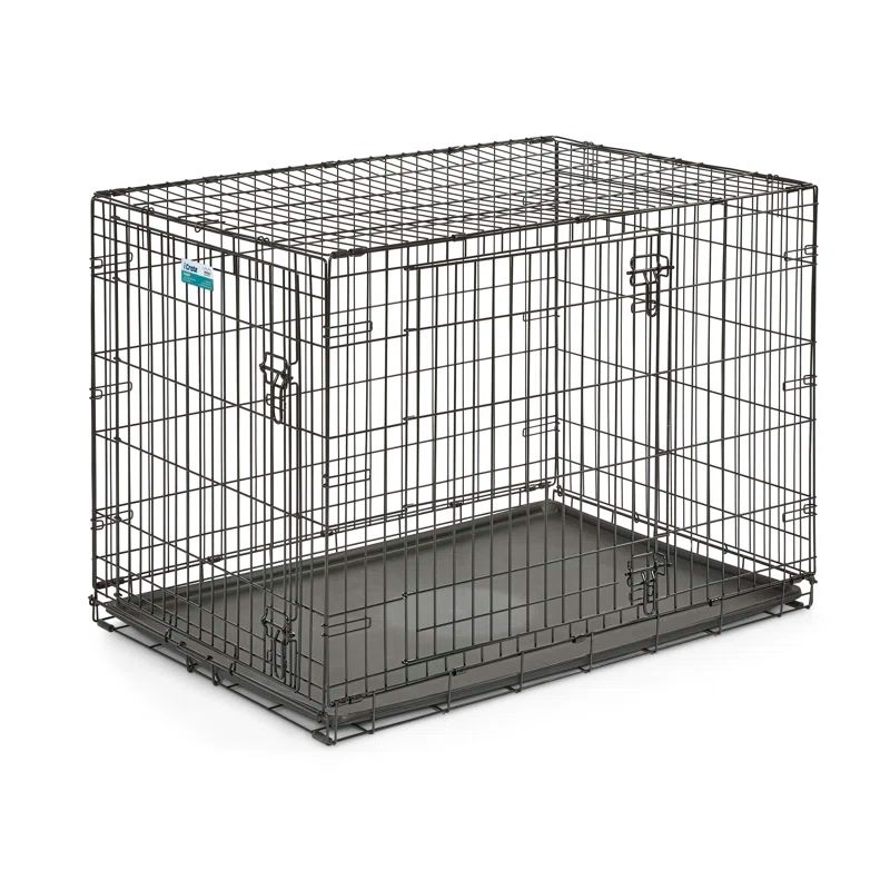 Large Black Metal Double Door Dog Crate with Leak-Proof Pan