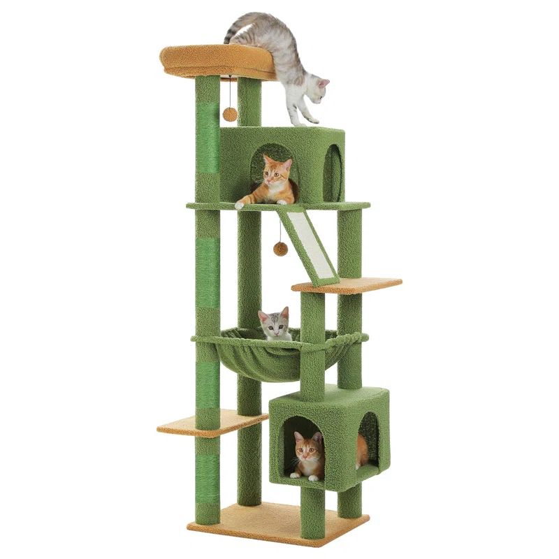 71" Green Multi-Level Cat Tree with Hammock and Condos