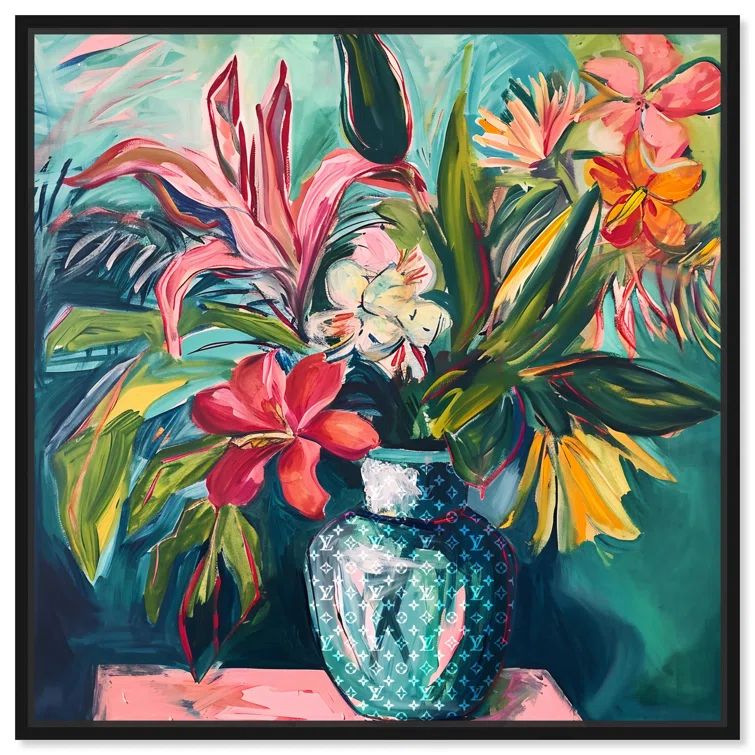 Black Framed Tropical Flowers Canvas Painting, 25" x 25"
